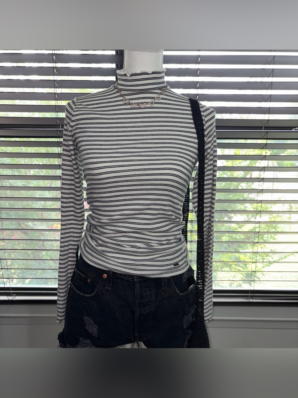 Hollister Black & White Striped Mock Neck Long-Sleeve Top